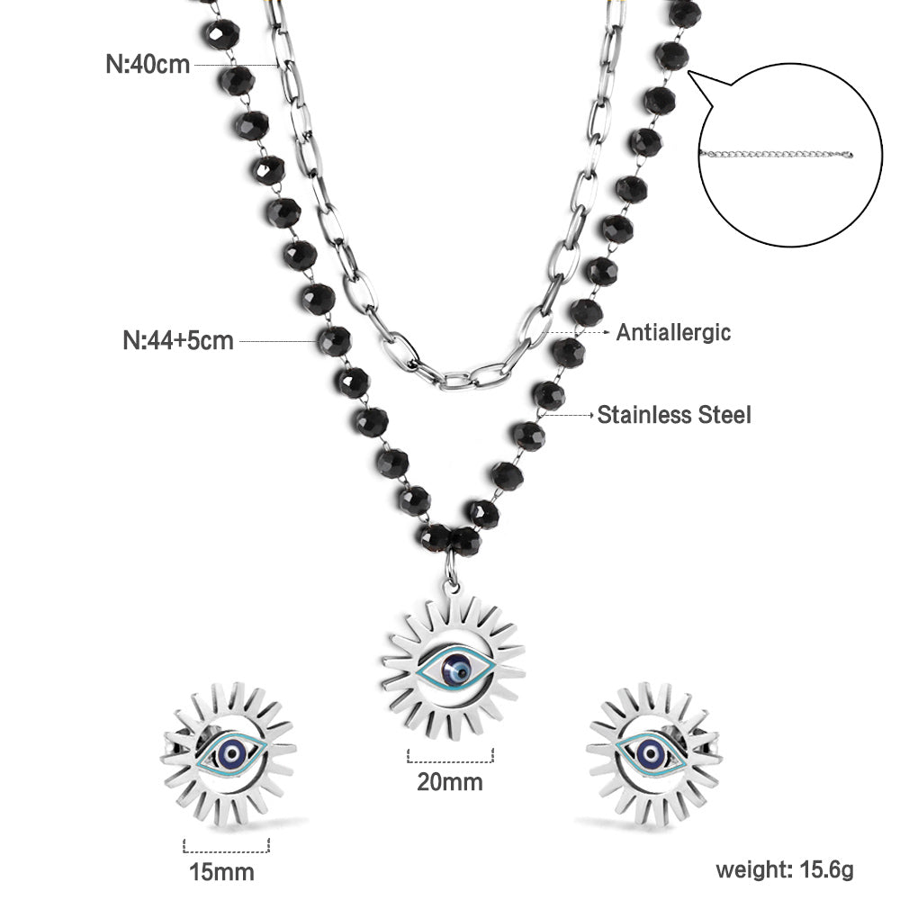 Blue eyes + black bead chain set steel/golden