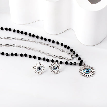 Blue eyes + black bead chain set steel/golden