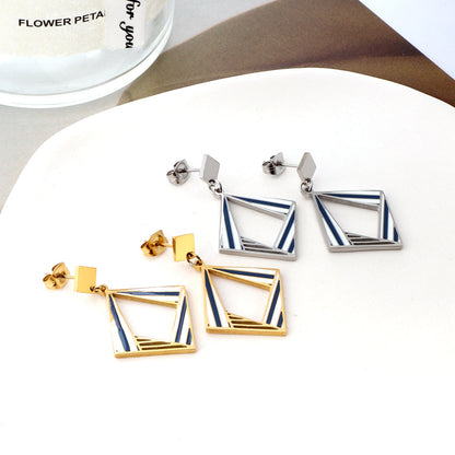 Stainless Steel Small Rhombus + Large Rhombus Hollow Mixed Color Stud Earrings