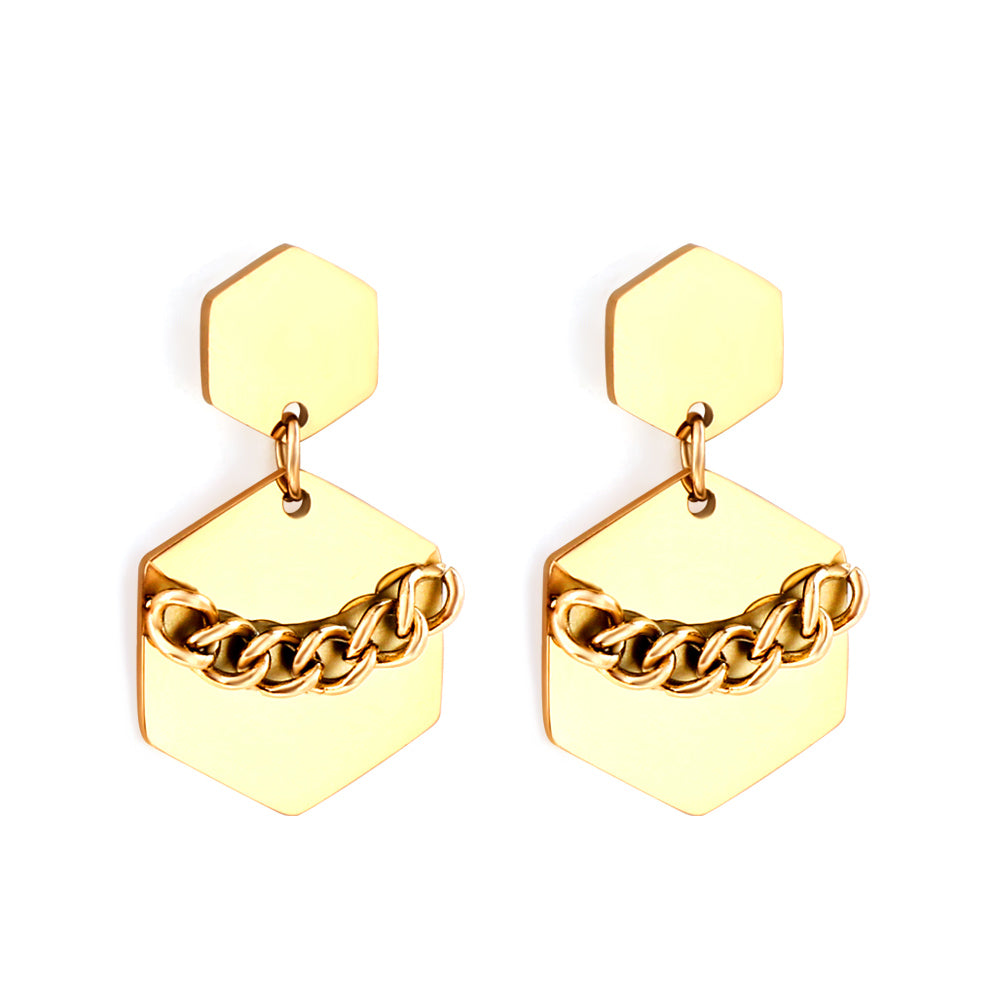 Stainless Steel Small Hexagon + Large Hexagon with Chain Stud Earrings