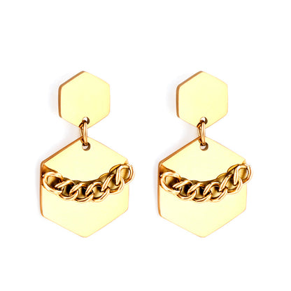 Stainless Steel Small Hexagon + Large Hexagon with Chain Stud Earrings