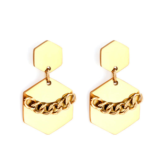 Stainless Steel Small Hexagon + Large Hexagon with Chain Stud Earrings