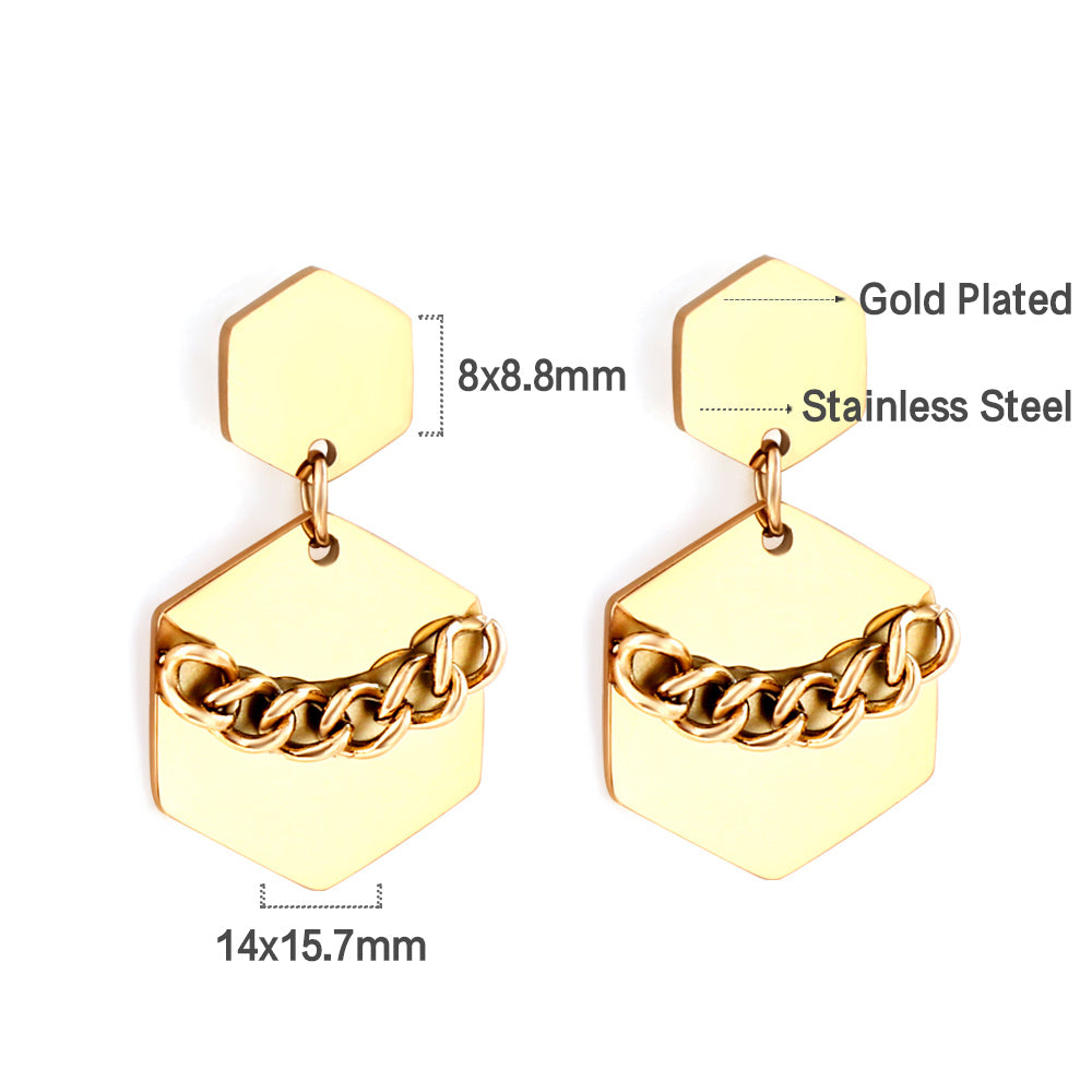 Stainless Steel Small Hexagon + Large Hexagon with Chain Stud Earrings