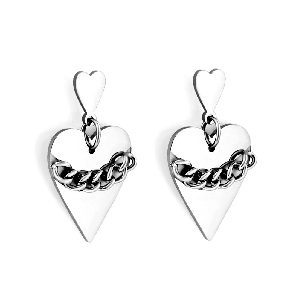 Anti-Allergy Small Heart+Large Heart with Chain Stud Earrings