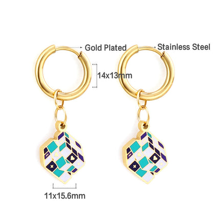 Enamel Girls Kids Jewelry Fashion Circle with Rubik's Cube Mixed Color Earrings