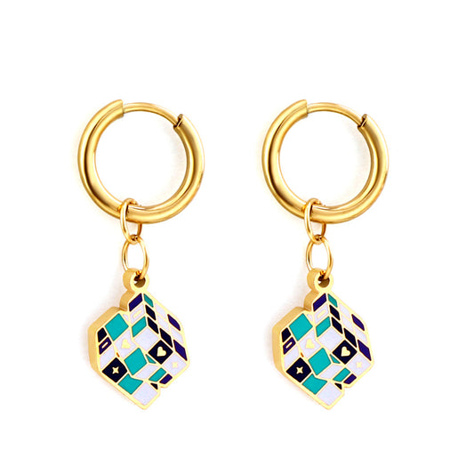 Enamel Girls Kids Jewelry Fashion Circle with Rubik's Cube Mixed Color Earrings