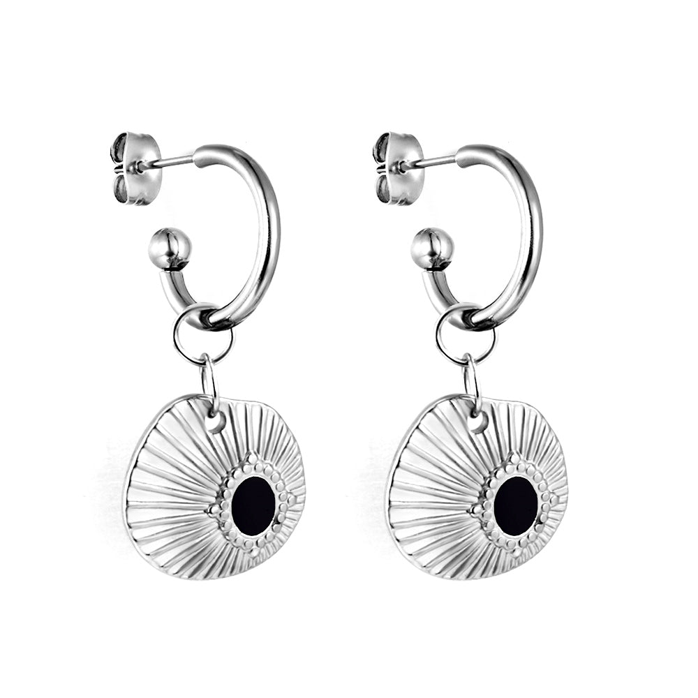 Enamel Girls Jewelry Fashion Half Circle Steel Ball with Shell Black Stud Earrings