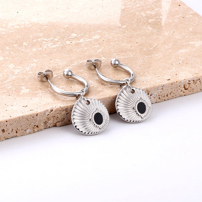 Enamel Girls Jewelry Fashion Half Circle Steel Ball with Shell Black Stud Earrings