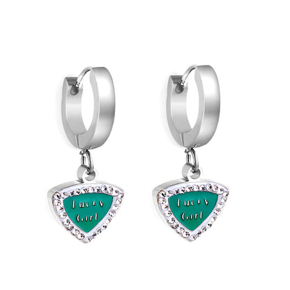 Enamel Girls Kids Jewelry Fashion Camber Buckle Heart Shaped Green With English White Diamonds Earrings