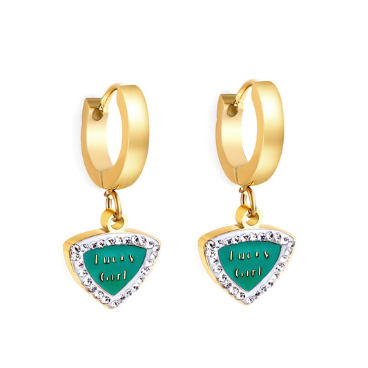 Enamel Girls Kids Jewelry Fashion Camber Buckle Heart Shaped Green With English White Diamonds Earrings