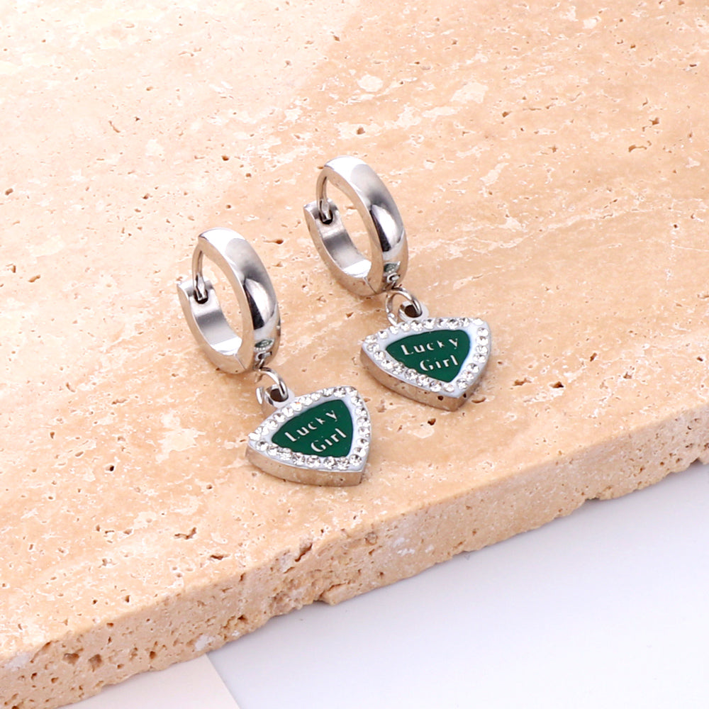 Enamel Girls Kids Jewelry Fashion Camber Buckle Heart Shaped Green With English White Diamonds Earrings
