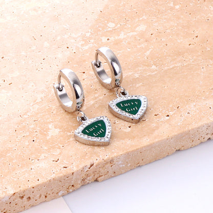 Enamel Girls Kids Jewelry Fashion Camber Buckle Heart Shaped Green With English White Diamonds Earrings