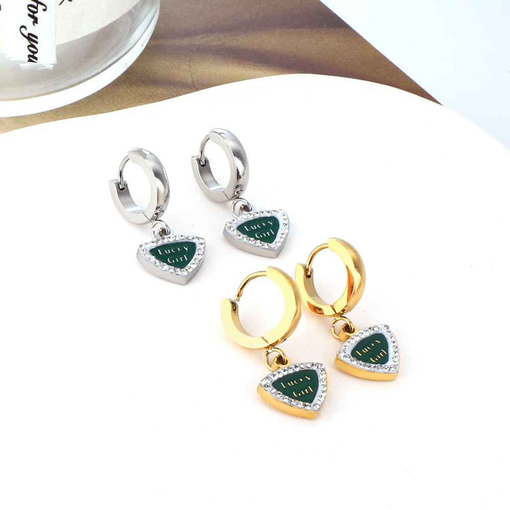 Enamel Girls Kids Jewelry Fashion Camber Buckle Heart Shaped Green With English White Diamonds Earrings