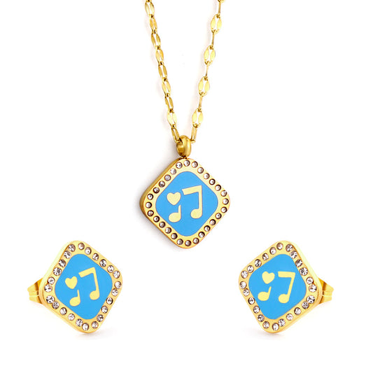 Square Blue Musical Note With Heart Enamel Girls Kids Jewelry Set