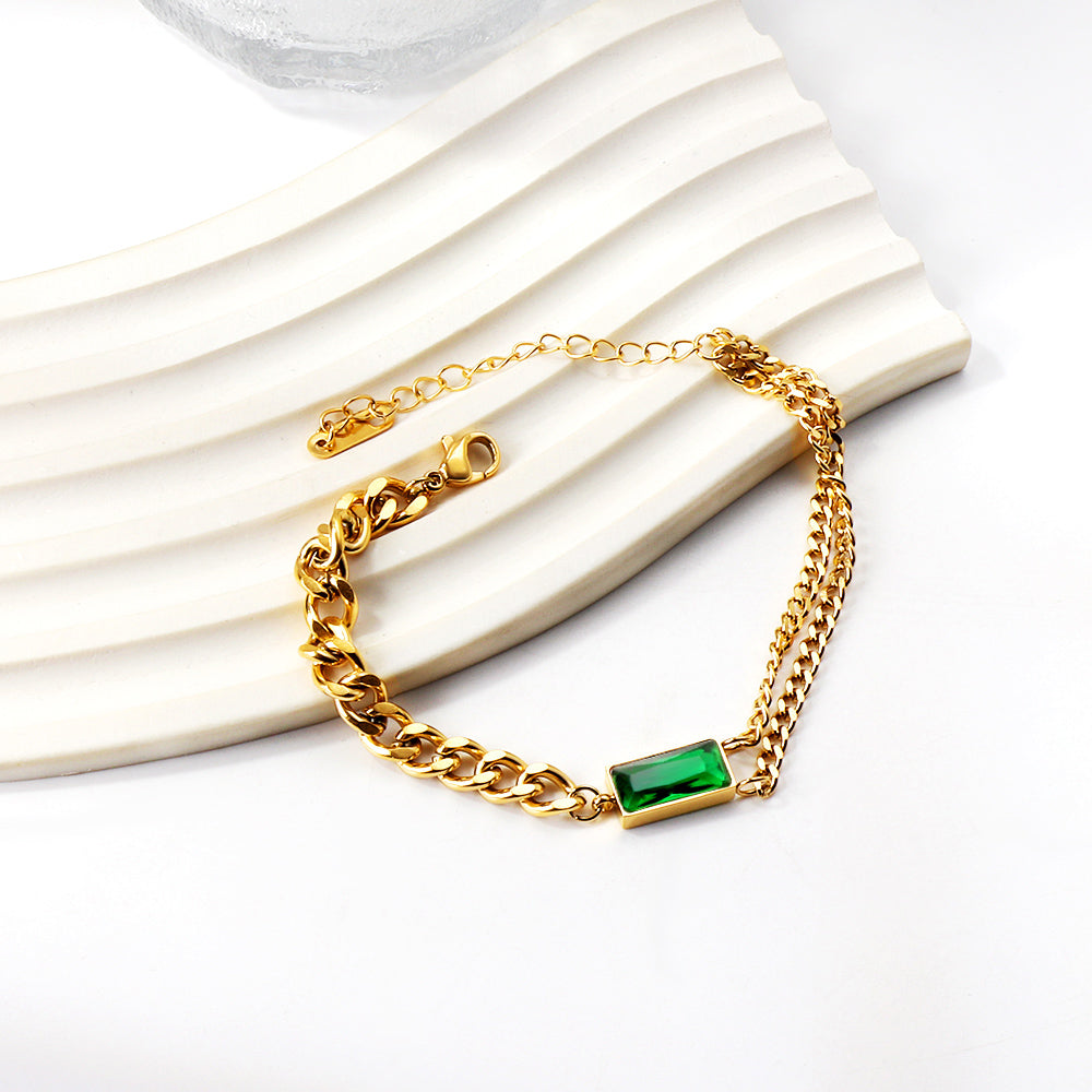 Rectangle Accessories with Green Diamonds Soft Bracelet 16+5cm Gold