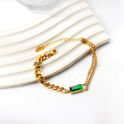 Rectangle Accessories with Green Diamonds Soft Bracelet 16+5cm Gold