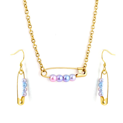 Stainless Steel 4 Colored Pearls Buckle Jewelry Set