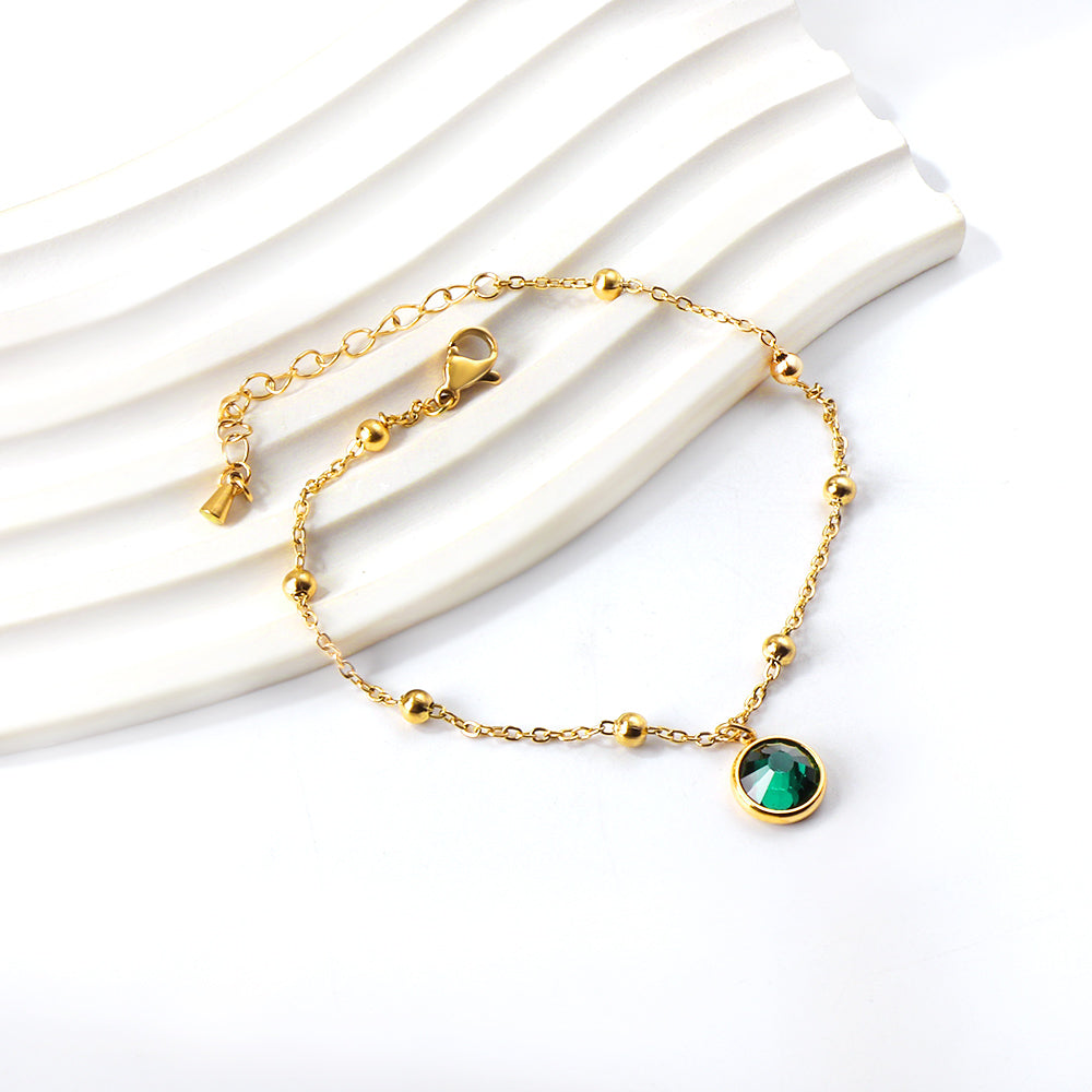 Gold round accessories with green diamonds + bead chain anklet 21+5cm