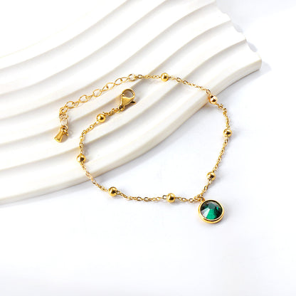 Gold round accessories with green diamonds + bead chain anklet 21+5cm