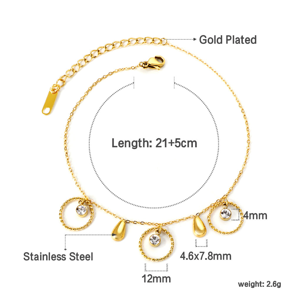 Spring 3 circles + 2 drops accessories with 3 white diamonds anklet 21+5cm
