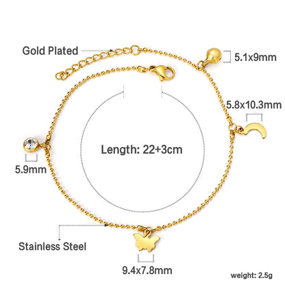 White diamonds + steel beads + moon + butterfly accessories pendant anklet 22 + 3cm gold
