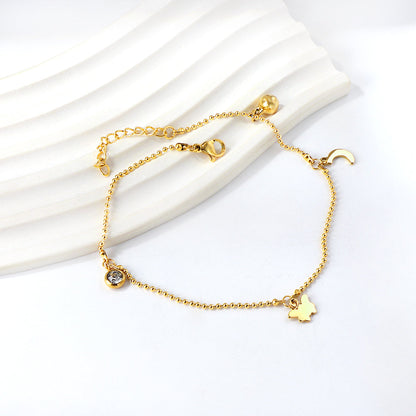 White diamonds + steel beads + moon + butterfly accessories pendant anklet 22 + 3cm gold