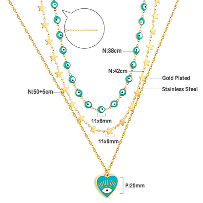 Green Heart-shaped Eye Accessory+Star with Chain + Green Eyeball Chain Triple Chain Necklace