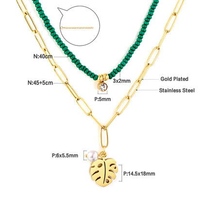 Leaf + White Pearl Accessories + Green Bead Chain With Diamond Double Chain Necklace