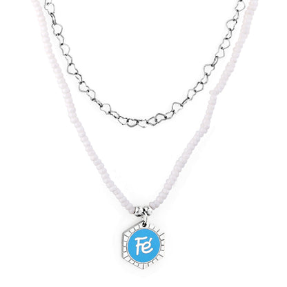 White Pearl Chain with Hexagon Fe Blue Accessories + Chain Double Chain Necklace