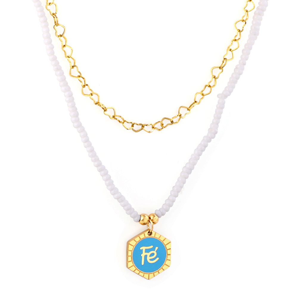 White Pearl Chain with Hexagon Fe Blue Accessories + Chain Double Chain Necklace