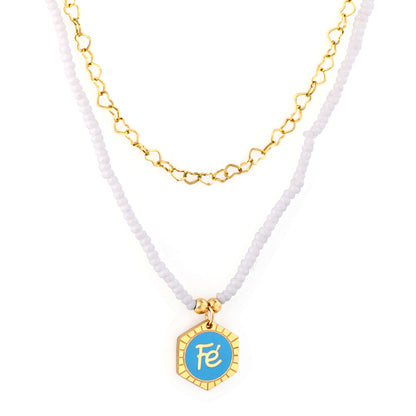White Pearl Chain with Hexagon Fe Blue Accessories + Chain Double Chain Necklace
