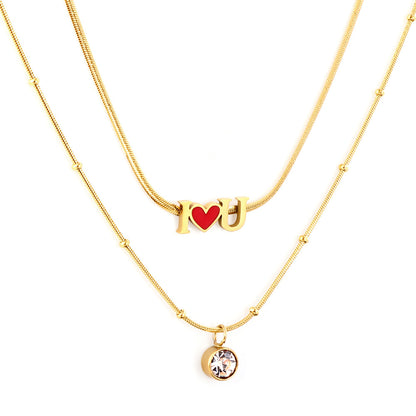 Girls Kids Stainless Steel I Heart U Red Accessories with Diamonds Double Chain Necklace