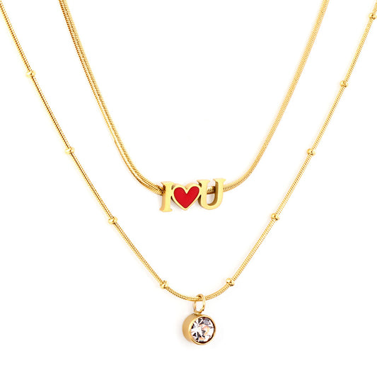 Girls Kids Stainless Steel I Heart U Red Accessories with Diamonds Double Chain Necklace