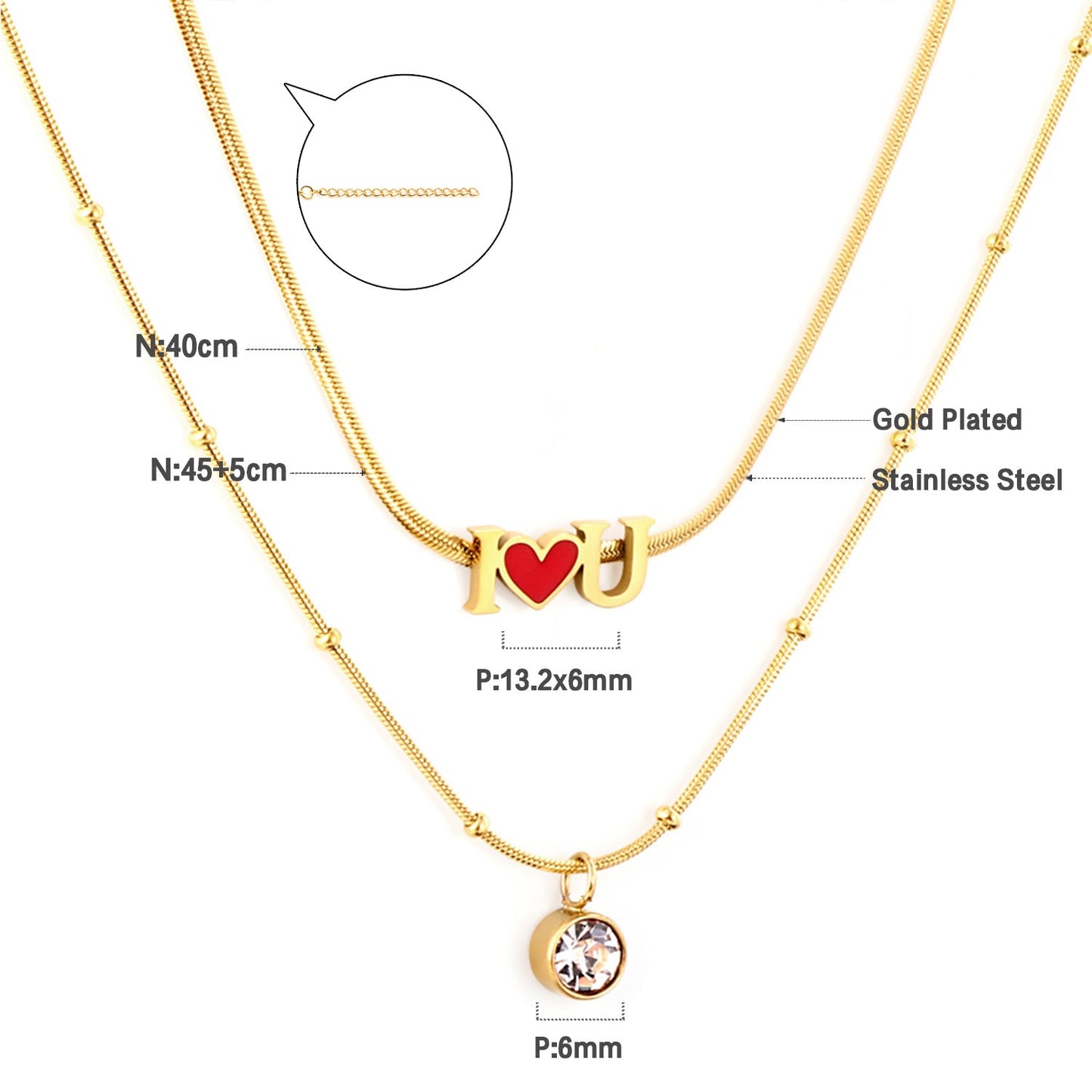 Girls Kids Stainless Steel I Heart U Red Accessories with Diamonds Double Chain Necklace