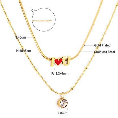 Girls Kids Stainless Steel I Heart U Red Accessories with Diamonds Double Chain Necklace