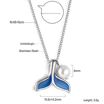 Blue fishtail pendant with white pearl necklace 45+5cm