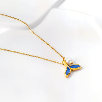 Blue fishtail pendant with white pearl necklace 45+5cm