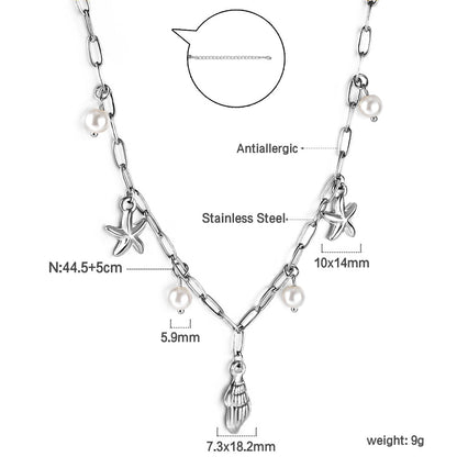 Shell + 2 starfish with 4 white pearls pendant necklace 45+5cm