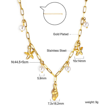 Shell + 2 starfish with 4 white pearls pendant necklace 45+5cm