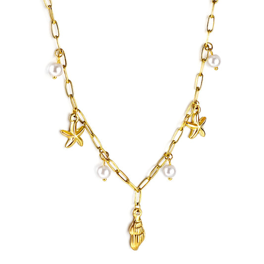 Wholesale Jewelry 18k Pvd Gold Plated Ocean Shell Conch Moon Heart Star Layered Necklace Summer Chain Pendant Necklace