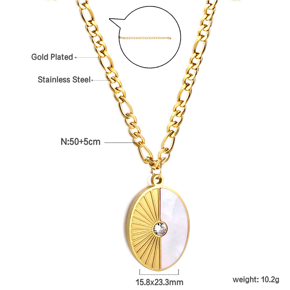 Oval with Half White Shell with Diamond Pendant Necklace 50+5cm