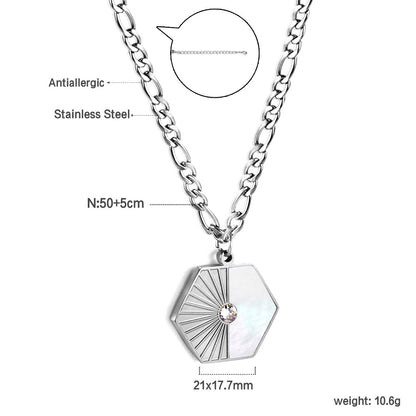 Hexagonal with half white shell with diamonds pendant necklace 50+5cm
