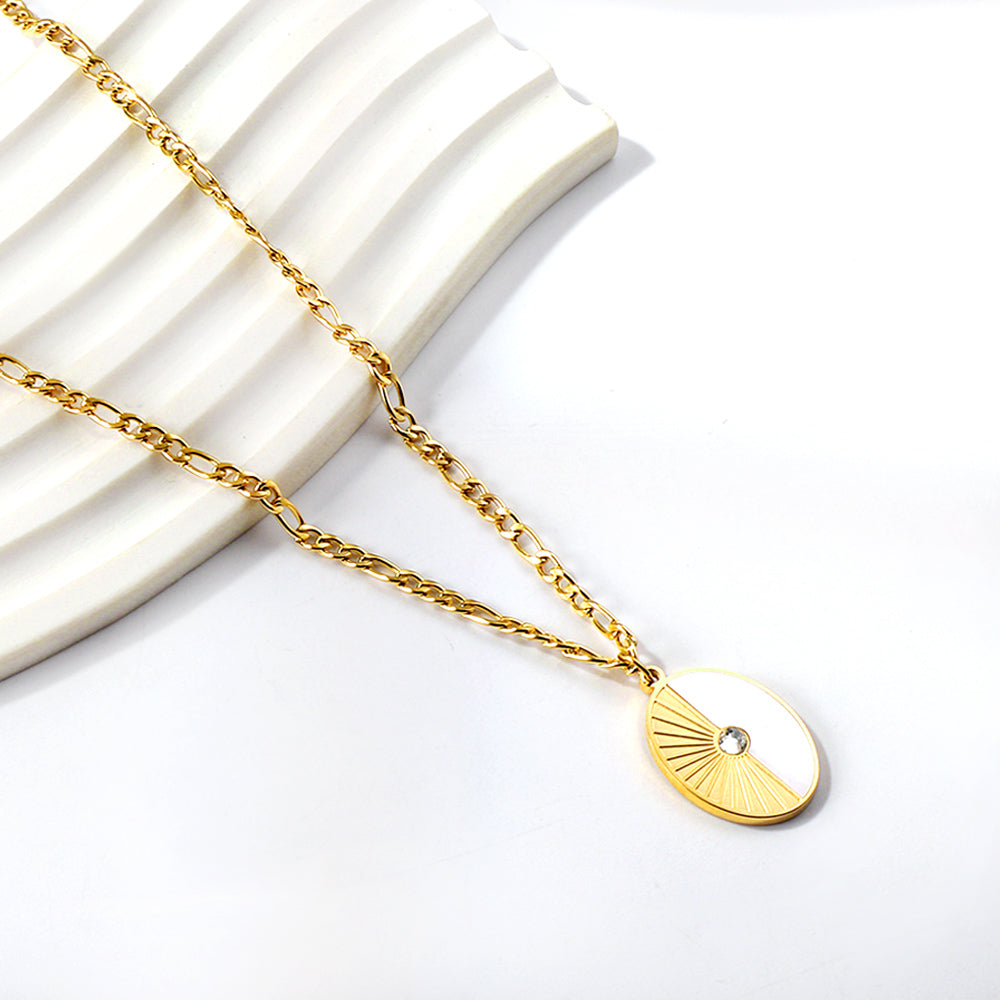 Oval with Half White Shell with Diamond Pendant Necklace 50+5cm