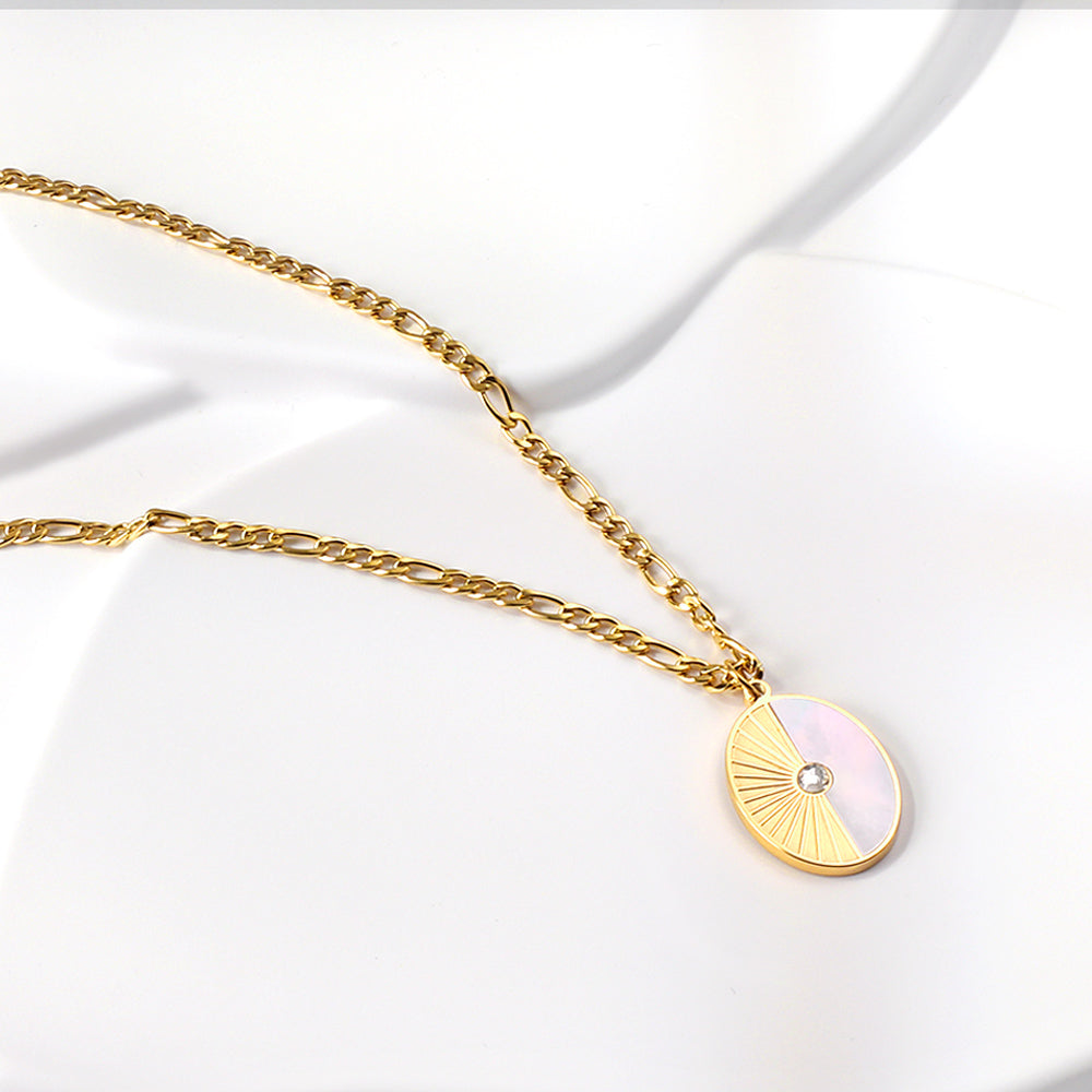 Oval with Half White Shell with Diamond Pendant Necklace 50+5cm