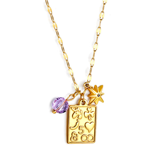 Lucky Star with White Diamonds + Rectangular Engraved Pattern + Purple Zirconia Pendant Necklace 45+5cm