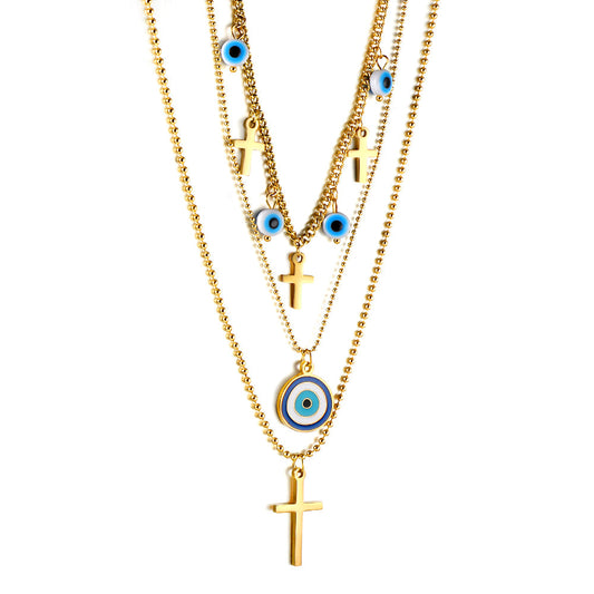 4 blue eyeballs + 4 crosses + large eyeball pendant triple chain 55+43+40+5cm