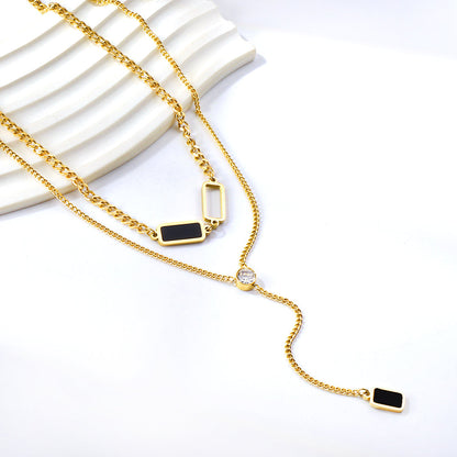 Wholesale 2 rectangular black oil drops + 1 long square box + white diamond pendant double chain 50+45+5cm