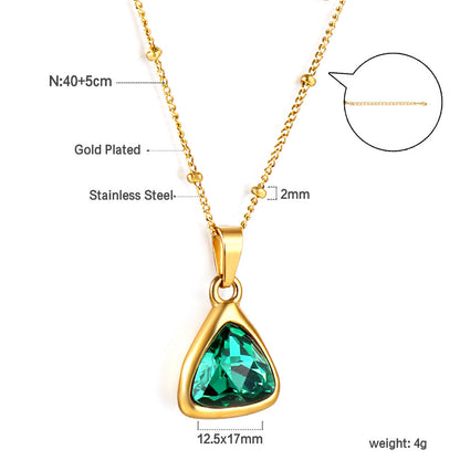 Triangle Pendant with Green Diamonds + Bead Chain Necklace 40+5cm