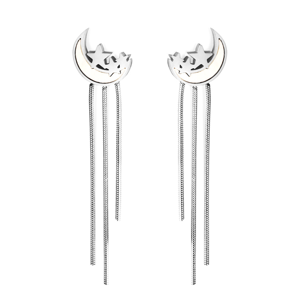 Stainless Steel White Shell Moon + Star with Length and Short Chain Earrings
