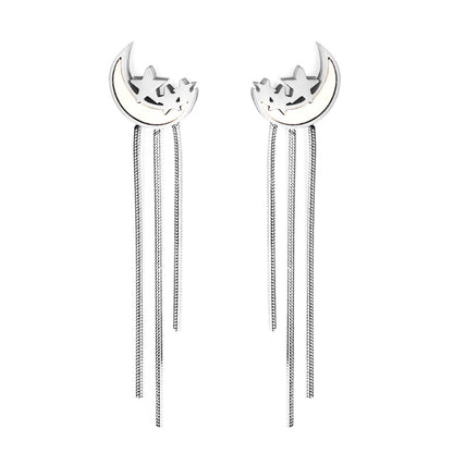 Stainless Steel White Shell Moon + Star with Length and Short Chain Earrings